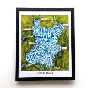 Framed map illustration of Lough Neagh, featuring blue text shaped like the lake. Surrounding areas in green with town names. Artistic and colourful.