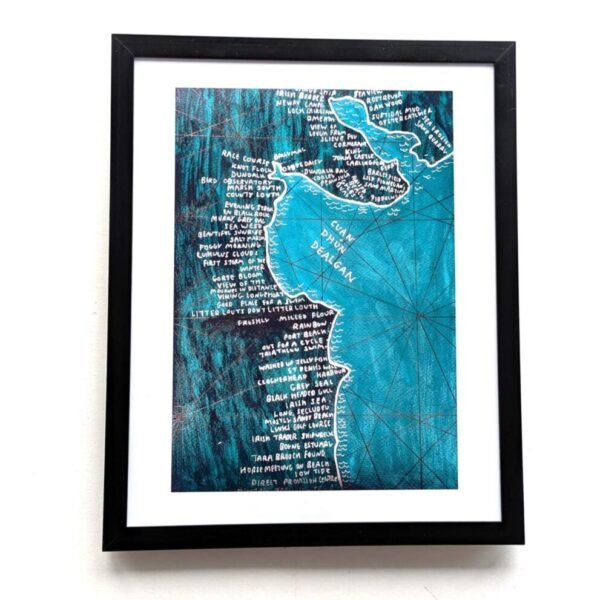 Framed artwork depicting a stylized map of the Louth coastline with handwritten white place names. The map's design features intricate lines and textures.