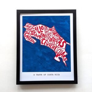 A framed food map of Costa Rica map in blue, filled with words like "Gallo" & "Coffee" in red. Text below reads "A Taste of Costa Rica"