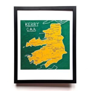 Framed map of Kerry GAA clubs in Ireland, featuring a green background with an yellow map outline, highlighting locations and names in white text.