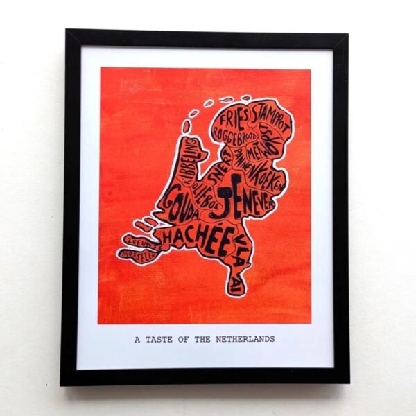 Framed artwork features the Netherlands' map in black with food names like "Hachee" and "Gouda" on an orange background. Text below reads "A Taste of the Netherlands."