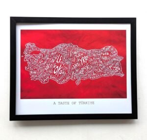 Framed artwork titled "A Taste of Türkiye" features a map of Turkey filled with names of foods, set against a vibrant red background.