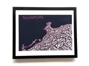 Framed black and white art titled "Mullaghmore," featuring a stylized map with place names in curvy lettering, capturing a sense of local charm.