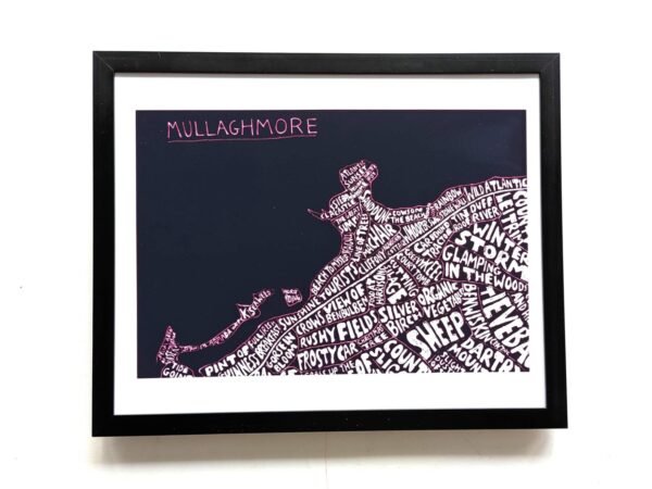 Framed black and white art titled "Mullaghmore," featuring a stylized map with place names in curvy lettering, capturing a sense of local charm.