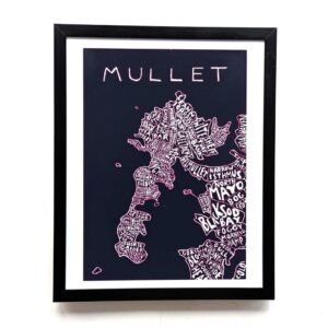 Framed map illustration titled "MULLET," depicting detailed areas and text in a stylized layout. The dark background and light text create a striking contrast.
