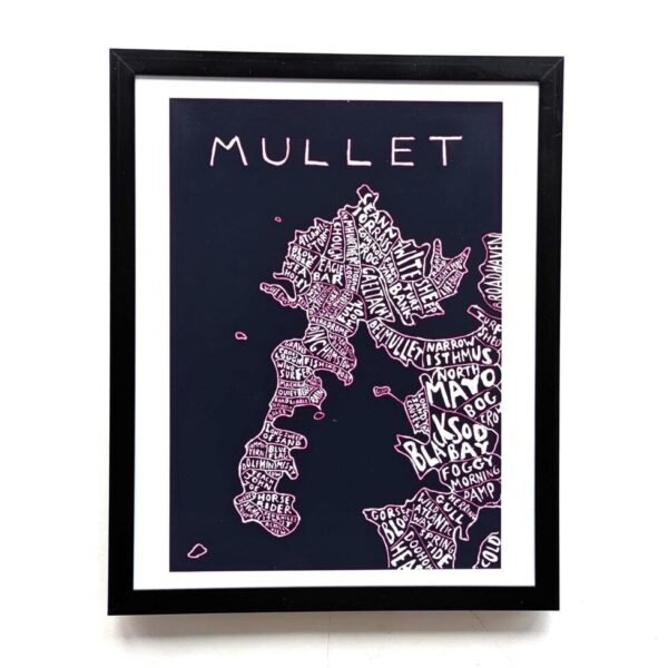 Framed map illustration titled "MULLET," depicting detailed areas and text in a stylized layout. The dark background and light text create a striking contrast.