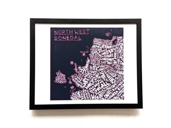 Framed map art of Northwest Donegal with handwritten town names in white against a black background, conveying a creative and vibrant tone.