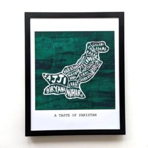 A framed artwork depicting a map of Pakistan filled with names of traditional dishes on a green background. Below, text reads "A Taste of Pakistan."