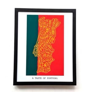 Framed poster of Portugal's map in red and yellow, featuring food names in stylized text on the green and red Portuguese flag background.