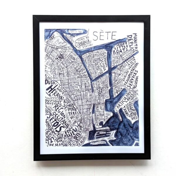 Framed artistic map of Sète featuring hand-drawn streets and landmarks in black ink, conveying a sense of detailed intricacy and urban exploration.