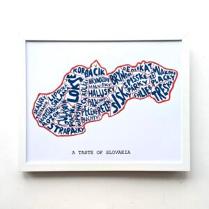 Framed artwork of Slovakia's map made from names of traditional dishes in blue and red typography. Below, text says "A Taste of Slovakia."