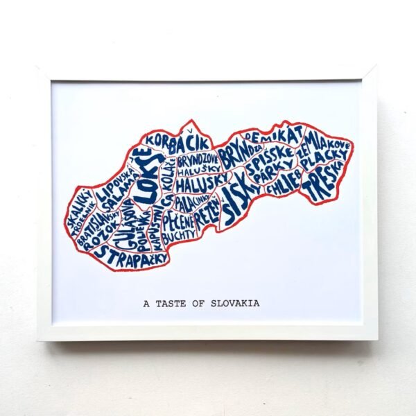 Framed artwork of Slovakia's map made from names of traditional dishes in blue and red typography. Below, text says "A Taste of Slovakia."