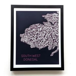Framed artwork of South West Donegal with white text in map shape on dark background. Keywords like "SHEEP" and "WILD" form the region's outline.