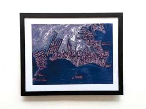 Framed artwork of a Wexford coastal map with dark blue waters and labelled locations in white text on a grey landmass, evoking an artistic cartographic style.