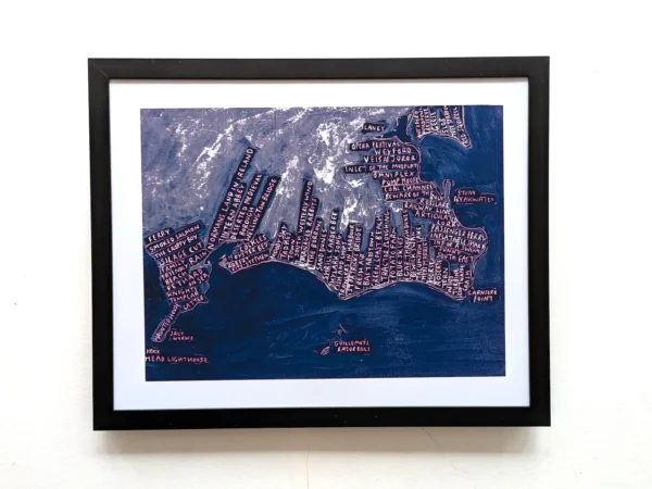 Framed artwork of a Wexford coastal map with dark blue waters and labelled locations in white text on a grey landmass, evoking an artistic cartographic style.