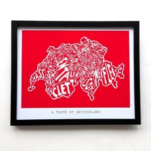 Framed artwork of Switzerland's map with food names in stylized white text on red. Caption reads "A Taste of Switzerland." Bold, cultural theme.