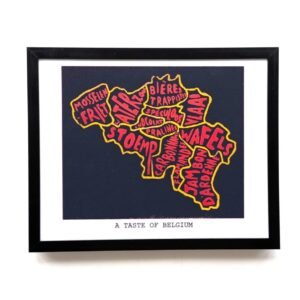 Framed artwork of Belgium's map made from colourful food names like against a dark background. Title reads "A Taste of Belgium."