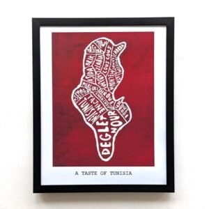 Framed artwork of Tunisian map in red with white text naming local foods. Below, "A Taste of Tunisia" is printed, showcasing cultural pride.