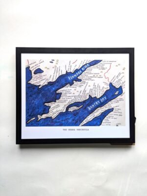 Framed map of the Beara Peninsula, highlighting Kenmare River and Bantry Bay. Hand-drawn labels and vibrant blue water convey an artistic tone.