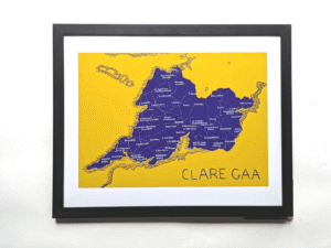 Framed map of Clare GAA on a yellow background with blue region marking, labeled clubs, and "Clare GAA" text. Bold, graphic style.