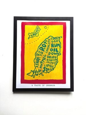 Framed artwork of Grenada's map filled with words like "Roti" and "Rum," all in green on a yellow background, titled "A Taste of Grenada.