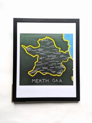 Framed map illustration of Meath GAA clubs. Regions outlined in yellow, names in white on a green background. Water depicted in blue, conveying local geography.