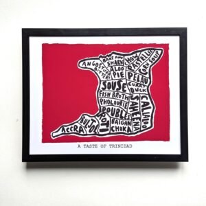 Map of Trinidad filled with names of local dishes like "Bake and Shark" and "Pelau." Red background, white border, titled "A Taste of Trinidad."