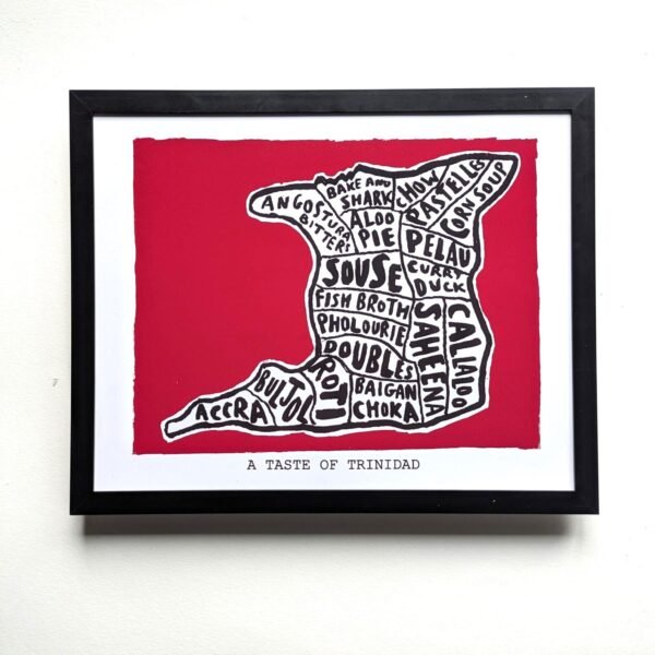 Map of Trinidad filled with names of local dishes like "Bake and Shark" and "Pelau." Red background, white border, titled "A Taste of Trinidad."