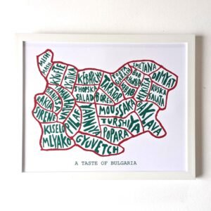 Map of Bulgaria shaped with names of traditional dishes like Mousaka, Tarator, and Baklava in green text. Titled "A Taste of Bulgaria."