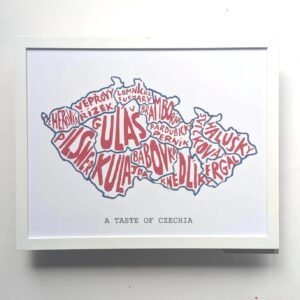 Map of Czechia made of red food names like "Gulas" and "Pilsner," outlined in blue. Text reads "A Taste of Czechia" below. Simplistic, playful design.