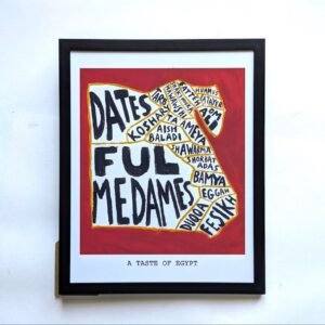 Framed art depicting Egyptian food names in bold black text on a red background, shaped like Egypt. Reads "A Taste of Egypt" below, conveying cultural richness.