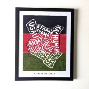 Framed artwork of Kenya's flag colors, with popular Kenyan food names forming the map of Kenya. Text below reads, "A Taste of Kenya."