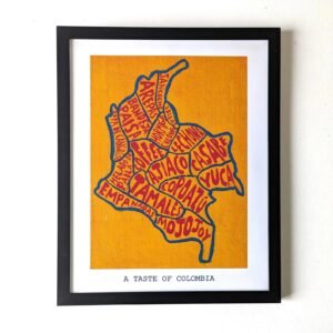 Map of Colombia filled with names of local foods like "arepa" and "tamales" in red text on a yellow background. Text below reads "A Taste of Colombia."
