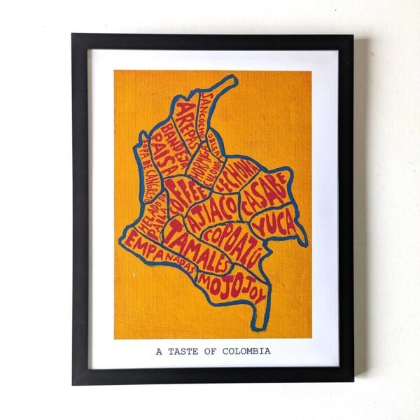 Map of Colombia filled with names of local foods like "arepa" and "tamales" in red text on a yellow background. Text below reads "A Taste of Colombia."