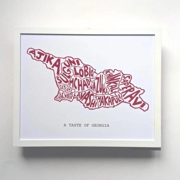 Map of Georgia filled with names of traditional foods in stylized red text on a white background. Below, text reads "A Taste of Georgia."