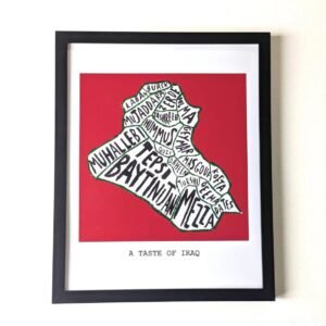 Framed artwork of Iraq's map filled with names of traditional dishes on a red background. Below, text reads "A Taste of Iraq" in bold letters.