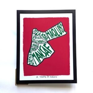 A framed artwork of Jordan's map in white on a red background, filled with names of traditional dishes like Mansaf and Maqluba. Text reads "A Taste of Jordan."