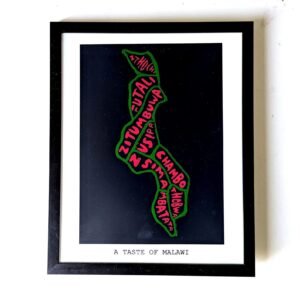 Map-shaped artwork of Malawi with words like "Nutali" and "Chambo" in red on black, outlined in green. Captioned "A Taste of Malawi."