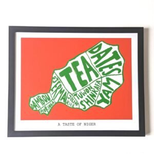 Art print titled "A Taste of Niger" features green words like "Tea" and "Dates" forming the shape of Niger on an orange background, conveying cultural diversity.