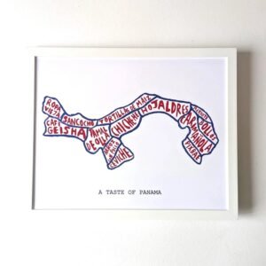 Framed map of Panama with food names like "Ropa Vieja" and "Tamales" filling the shape. Titled "A Taste of Panama," using blue and red text.