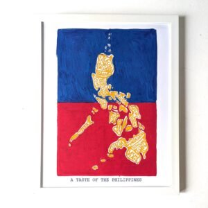 Framed artwork of the Philippines' map filled with food names on a blue and red background, titled "A Taste of the Philippines". Vibrant and cultural.