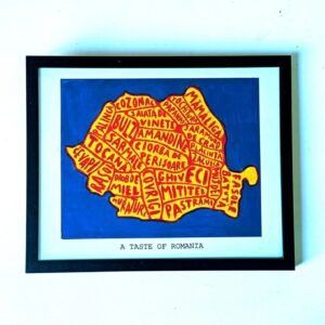 Framed artwork titled "A Taste of Romania" shows a map of Romania filled with names of traditional dishes in yellow and red on a blue background.