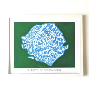 Map-shaped artwork of Sierra Leone foods, like "Jollof Rice" and "Plasas," in white and blue against a green background. Text below reads "A Taste of Sierra Leone."