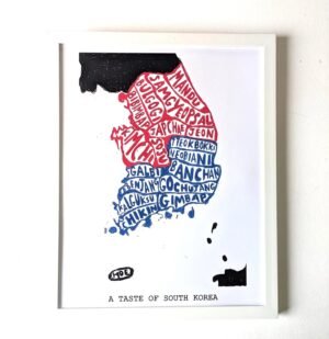 Framed artwork of South Korea's map depicted with food names in red and blue, titled "A Taste of South Korea." Energetic and cultural tone.
