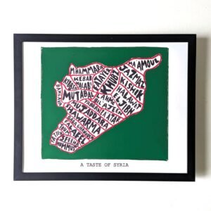 Map art of Syria shaped using names of traditional dishes, like hummus and falafel, on a green background. Caption below reads "A Taste of Syria."