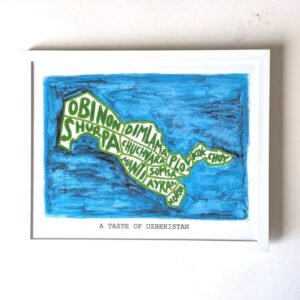 Map of Uzbekistan filled with names of local dishes like Plov and Manat on a blue background, framed with the text "A Taste of Uzbekistan."