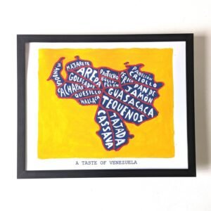 Framed artwork of Venezuela's map on yellow background, filled with traditional dish names in bold letters, titled "A Taste of Venezuela."