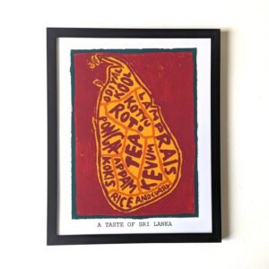 Framed art print titled "A Taste of Sri Lanka" shows a yellow shape with Sri Lankan dish names on a red background. Keywords: Sri Lankan cuisine, vibrant.