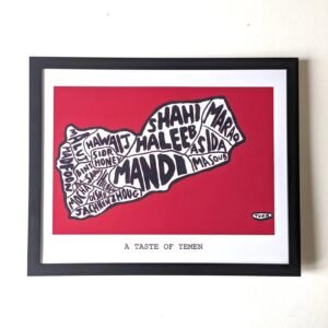 Framed artwork of Yemen's map filled with names of local foods like Mandi and Shahi Haleeb, set against a red background. Text reads "A Taste of Yemen."